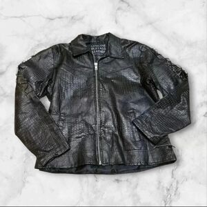 Navarre Croc Embossed Black Buffalo Leather Embroidered Rose Moto Jacket Biker